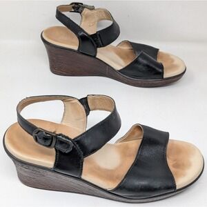 SAS Heather Quarter Strap Wedge Sandals Black Leather Women's Size 9 M